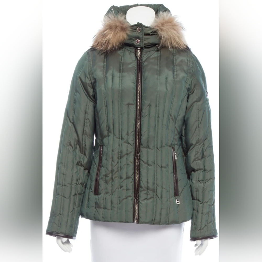 $250 Michael Michael Kors Green Fur-Accented Down Puffer Coat Jacket-M